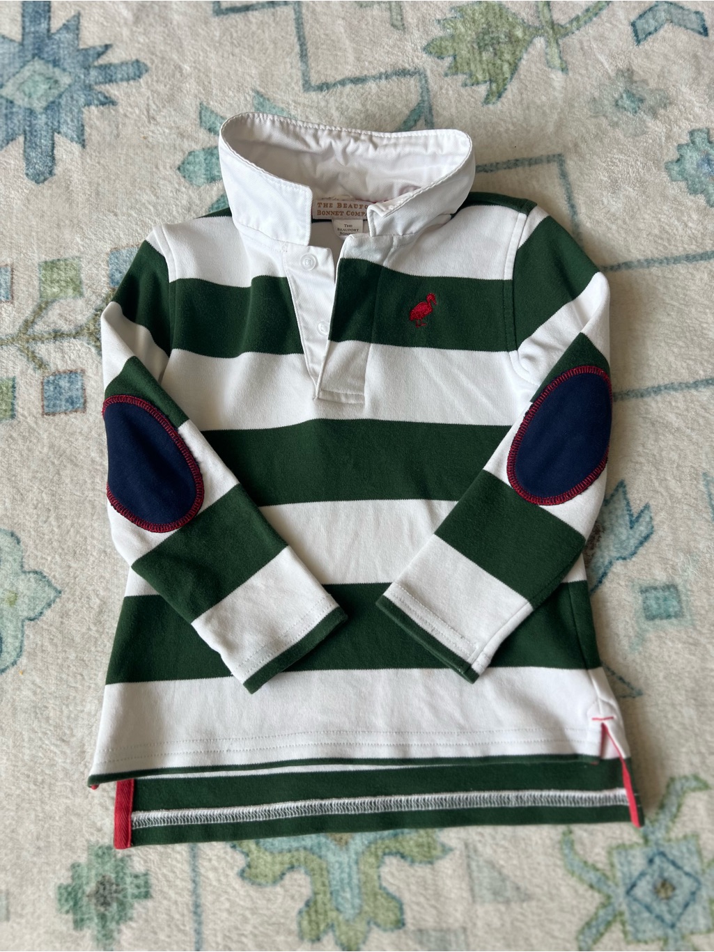 The Beaufort Bonnet Company Green & White Stripe Rugby Polo With Elbow Patches